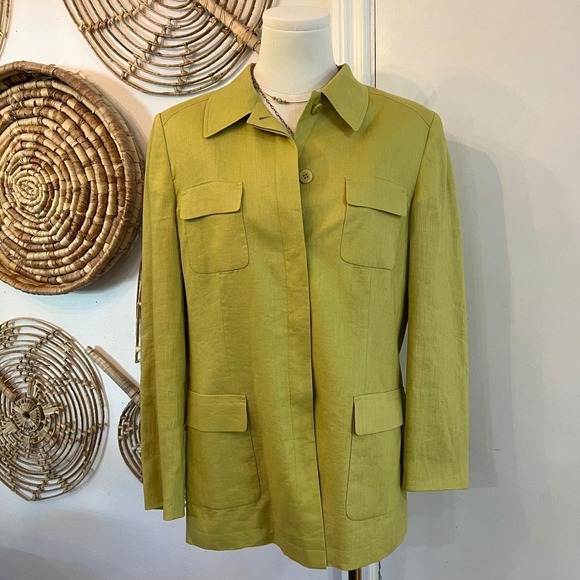 Jackets & Blazers - Planet Linen Jacket Utility Blazer Green Button Front Pockets Womens 12